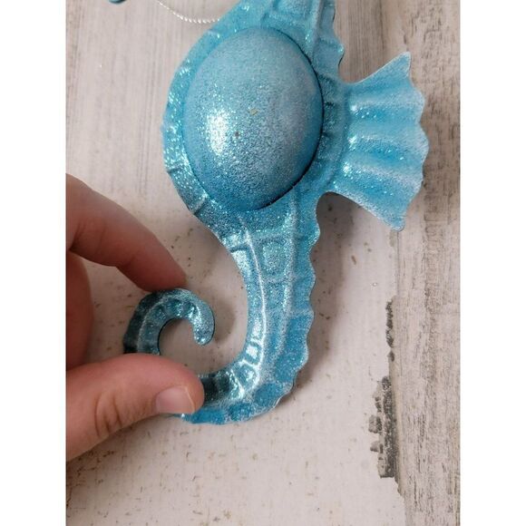 Metal Glitter blue seahorse bell ornament Xmas decor ocean beach - Picture 4 of 5